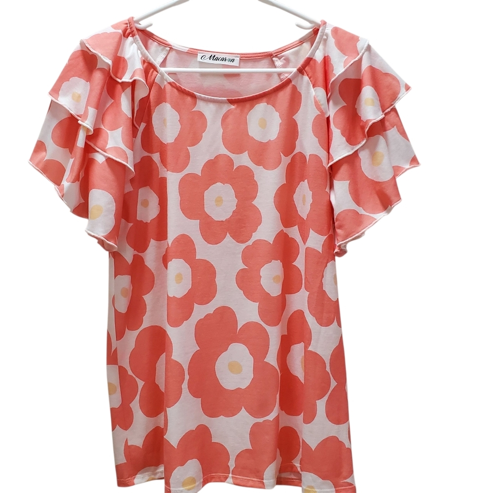 MACARON Coral and White Floral Ruffle Blouse NWOT